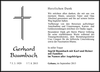 Traueranzeige von Gerhard Baumbach von Südthüringer Presse