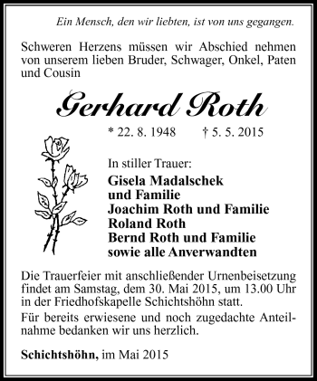 Traueranzeige von Gerhard Roth von Südthüringer Presse