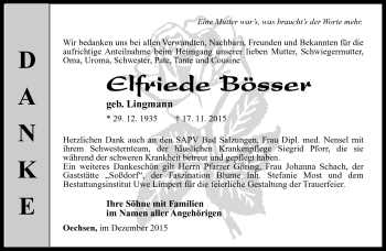 Traueranzeige von Elfriede Bösser von Südthüringer Presse