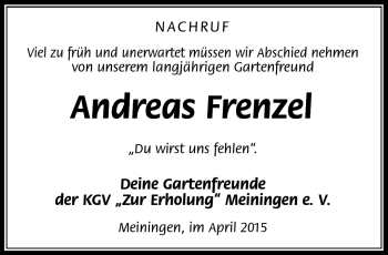Traueranzeige von Andreas Frenzel von Südthüringer Presse