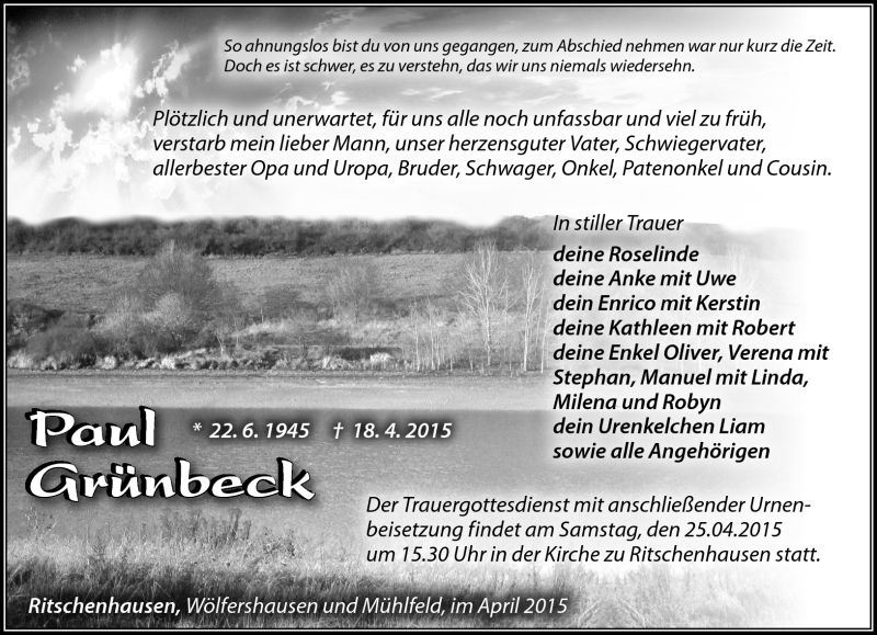  Traueranzeige für Paul Grünbeck vom 23.04.2015 aus Südthüringer Presse