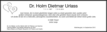 Traueranzeige von Holm Dietmar Urlass von Frankenpost