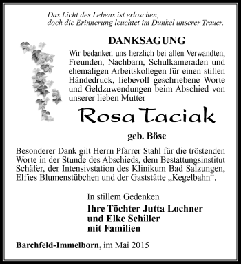 Traueranzeige von Rosa Taciak von Südthüringer Presse