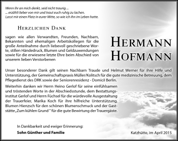 Traueranzeige von Hermann Hofmann von Südthüringer Presse