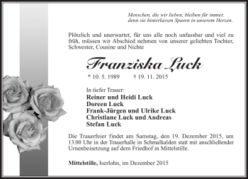 Traueranzeige von Franziska Luck von Südthüringer Presse