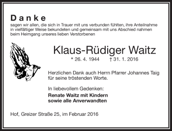 Traueranzeige von Klaus-Rüdiger Waitz von Frankenpost