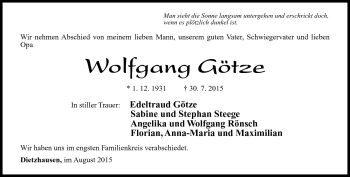 Traueranzeige von Wolfgang Götze von Südthüringer Presse