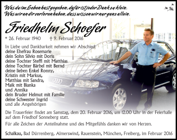 Traueranzeige von Friedhelm Schoefer von Südthüringer Presse