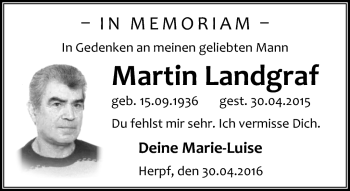 Traueranzeige von Martin Landgraf von Südthüringer Presse