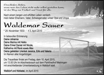 Traueranzeige von Waldemar Sauer von Südthüringer Presse