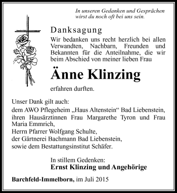 Traueranzeige von Änne Klinzing von Südthüringer Presse