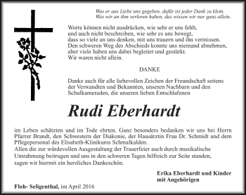 Traueranzeige von Rudi Eberhardt von Südthüringer Presse