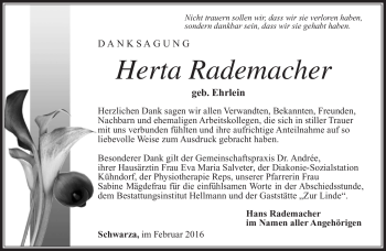 Traueranzeige von Herta Rademacher von Südthüringer Presse