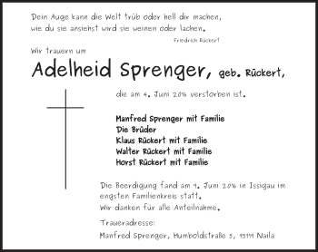 Traueranzeige von Adelheid Sprenger von Neue Presse Coburg