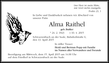 Traueranzeige von Alma Raithel von Frankenpost