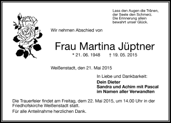 Traueranzeige von Martina Jüptner von Frankenpost