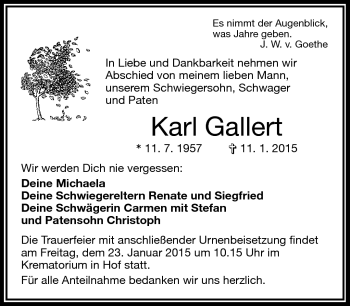Traueranzeige von Karl Gallert von Frankenpost