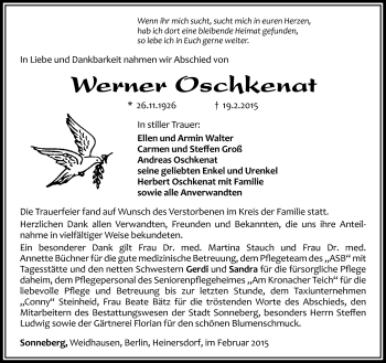 Traueranzeige von Werner Oschkenat von Südthüringer Presse