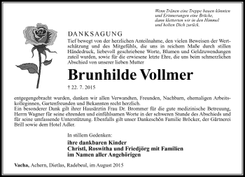 Traueranzeige von Brunhilde Vollmar von Südthüringer Presse