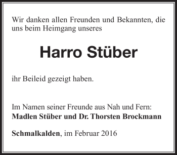 Traueranzeige von Harro Stüber von Südthüringer Presse