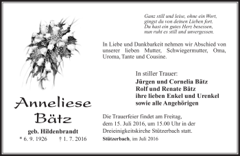 Traueranzeige von Anneliese Bätz von Südthüringer Presse