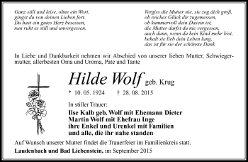 Traueranzeige von Hilde Wolf von Südthüringer Presse