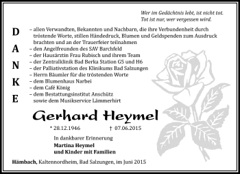 Traueranzeige von Gerhard Heymel von Südthüringer Presse