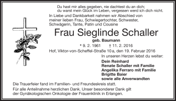 Traueranzeige von Sieglinde Schaller von Frankenpost