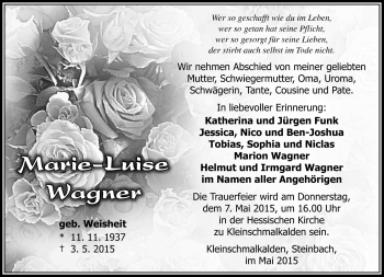 Traueranzeige von Marie-Luise Wagner von Südthüringer Presse