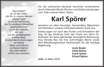 Traueranzeige von Karl Spörer von Südthüringer Presse