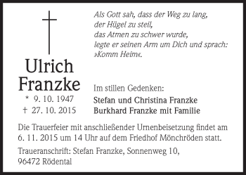 Traueranzeige von Ulrich Franzke von Südthüringer Presse