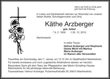 Traueranzeige von Käthe Arzberger von Frankenpost