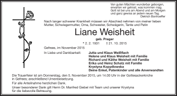 Traueranzeige von Liane Weisheit von Frankenpost