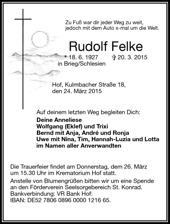 Traueranzeige von Rudolf Felke von Frankenpost