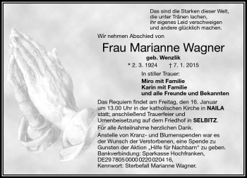 Traueranzeige von Marianne Wagner von Frankenpost
