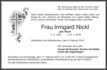 Traueranzeige von Irmgard Nickl von Frankenpost