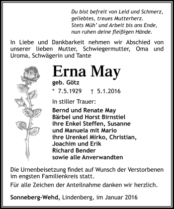 Traueranzeige von Erna May von Südthüringer Presse