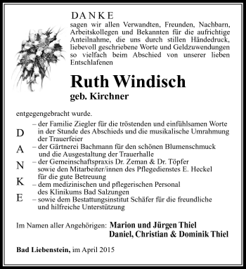 Traueranzeige von Ruth Windisch von Südthüringer Presse