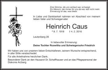 Traueranzeige von Heinrich Caus von Frankenpost