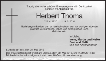 Traueranzeige von Herbert Thoma von Neue Presse Coburg