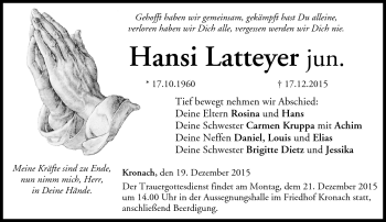 Traueranzeige von Hansi Latteyer von Neue Presse Coburg
