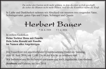 Traueranzeige von Herbert Bauer von Südthüringer Presse