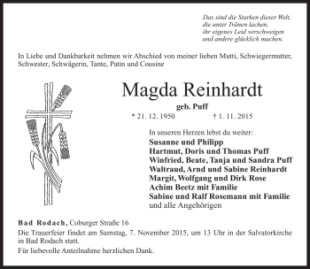 Traueranzeige von Magda Reinhardt von Neue Presse Coburg