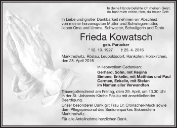 Traueranzeige von Frieda Kowatsch von Frankenpost