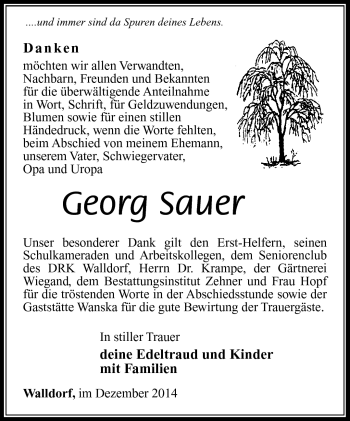 Traueranzeige von Georg Sauer von Südthüringer Presse