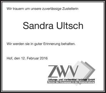 Traueranzeige von Sandra Ultsch von Frankenpost