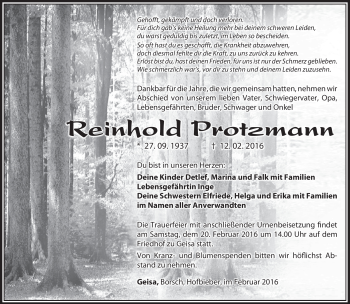 Traueranzeige von Reinhold Potzmann von Südthüringer Presse