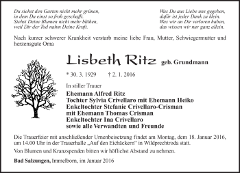 Traueranzeige von Lisbeth Ritz von Südthüringer Presse