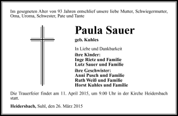 Traueranzeige von Paula Sauer von Südthüringer Presse