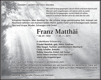 Traueranzeige von Franz Matthäi von Südthüringer Presse